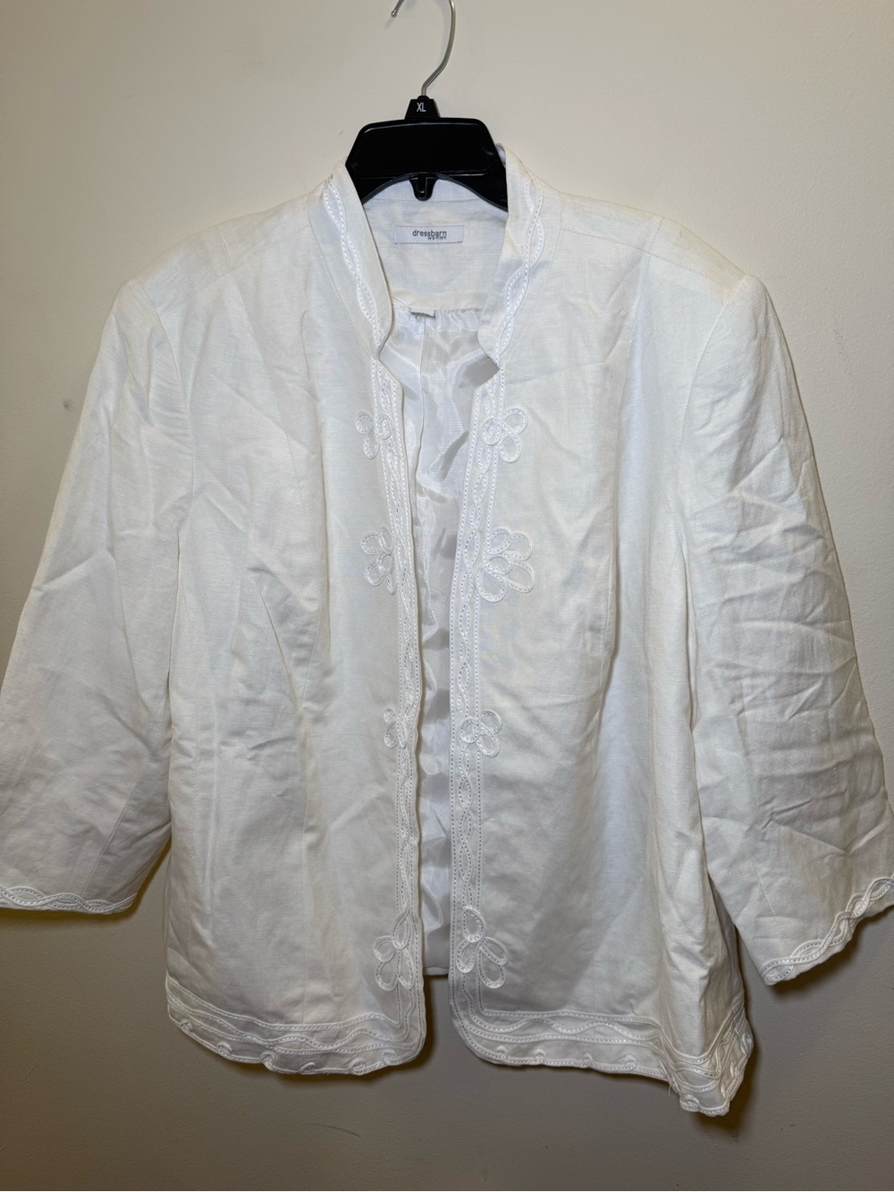Dressbarn Woman White Embroidered Mandarin Style Linen Blend Open Blazer Sz 20W